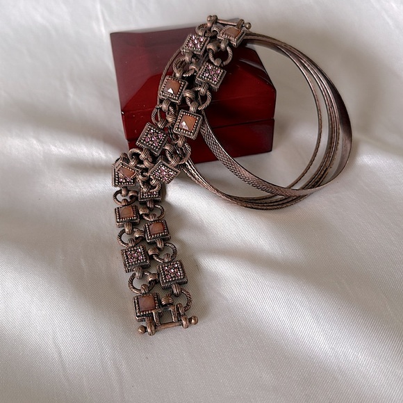 Antique Copper Bracelet Stack Set Unique Design Bangles and Cuff - Picture 9 of 12